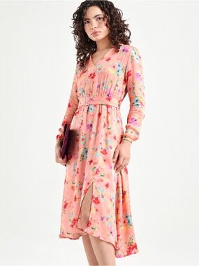 Rareism The House Of Rare Tuna Peach Floral Belted Midi Dress NWT